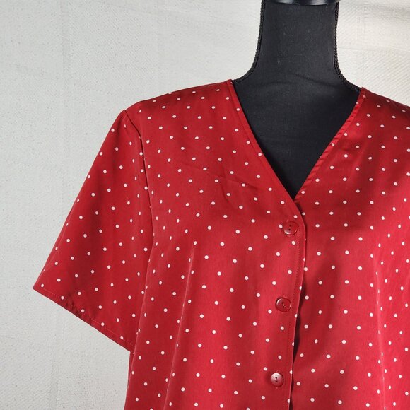 Kathie Lee Collection Vtg Brick Red White Polka Dot Poly Button Up SS Top Sz XL - Picture 5 of 16